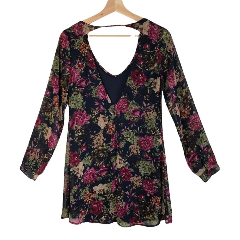 ASTR Navy/Black Floral Long Sleeve Mini Shift Dress Size Small - Picture 4 of 9